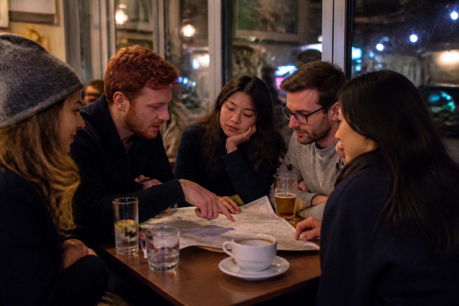 Friends connecting around a cafe table
